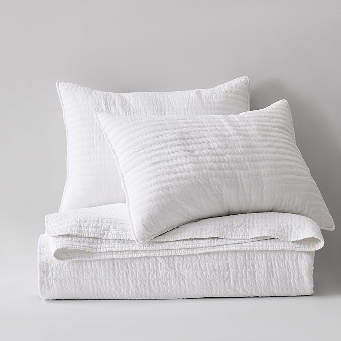 WDCOZY 100% Cotton Twin Size Quilt Set - White Striped Pick Stitch Soft Lightweight Bedspread, Textured Like Linen, Farmhouse Country Rustic Coverlet, Shabby Chic Gauze Bedding, 2 Pieces