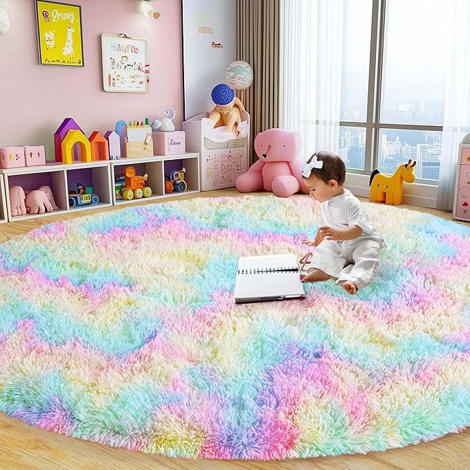 Round Fluffy Rugs 8Ft for Girls Bedroom, Rainbow Shag Circle Kids Rug Non-Slip for Bedside Dorm Nursery Playroom, Soft Cute Area Rugs for Living Room Decor