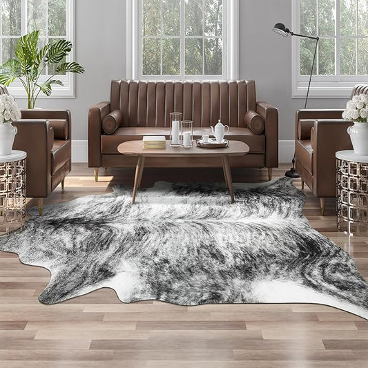 AROGAN Western Decor Faux Fur Cowhide Rug, 3.6 x 2.3 Feet Premium Animal Skin Cow Hide Rug, Sturdy Cow Print Rugs for Wall Decor, Western Floor Carpet for Bedroom Living Room, Black and Grey