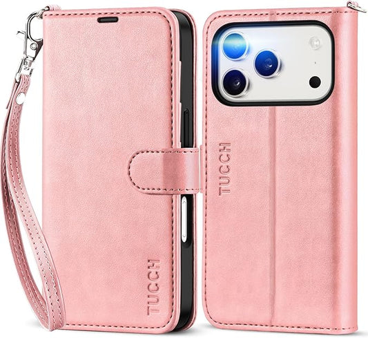 TUCCH Wallet Case for iPhone 17 Pro (6.3") 2025, Wrist Strap | 4 Card Slots | RFID Blocking | Kickstand | Shockproof TPU Shell | PU Leather | Magnetic | Protective Flip Cover | Rose Gold