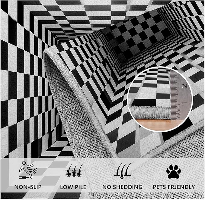Optical Illusion Rug - Black and White Rug for Living Room, Soft Ultra Soft Faux Wool 5x8 Area Rugs Floor Mats, Non Slip&Non-Shedding Low Pile Checkered Washable Rugs, Abstract Geometric Carpet