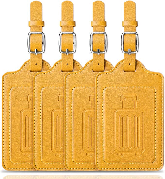 Teskyer Luggage Tags for Suitcases, TSA Approved with Privacy Protection Cover, Premium Faux Leather Bag Tags for Travel - 4 Pack, Yellow