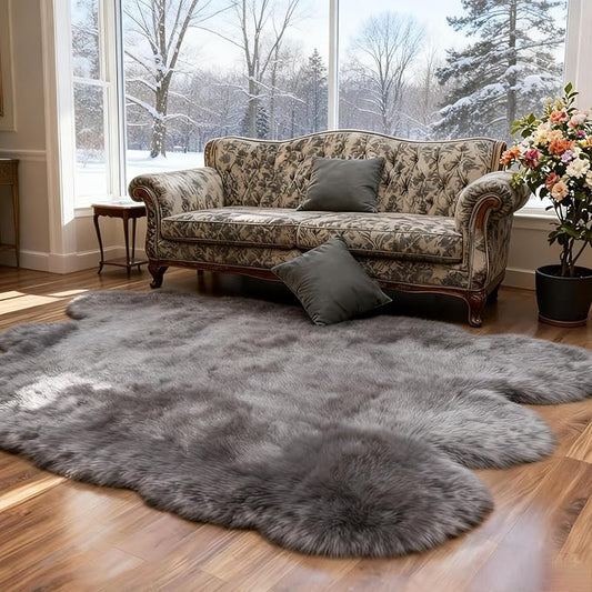 Grey Faux Fur Sheepskin Area Rug for Living Room Bedroom, 6 x 6 Feet Ultra Soft Shaggy Fuzzy Furry Carpet Chair Throw Large Rugs for Kids, Girls, Nursery Room Decor Dorms