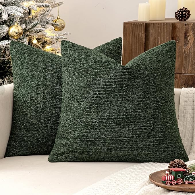 MIULEE 18x18 Inch Christmas Decorative Pillow Covers for Couch Bed Set of 2 Textured Boucle Neutral Winter Throw Pillows Dark Green Accent Solid Cushion Pillowcases Sofa Livingroom Home Decor