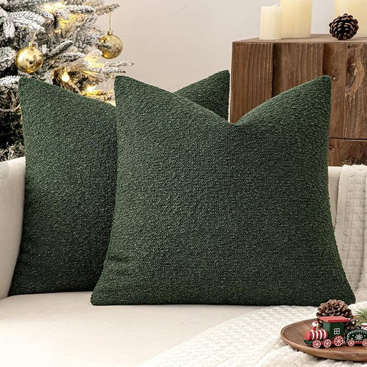 MIULEE 24x24 Christmas Decorative Euro Sham Throw Pillows for Bed Set of 2 Textured Boucle Neutral Winter Throw Pillow Covers Dark Green Accent Solid Couch Pillowcase Sofa Livingroom Home Decor