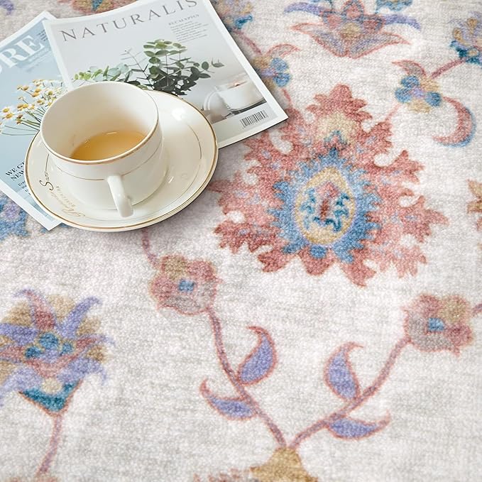 Tangsoo Floral Area Rug 6x9 Machine Washable Non-Slip Rug Vintage Distressed Boho Print, Soft Low Pile Carpet for Living Room, Bedroom, Dining Room, Pet & Child Friendly (Home Decor)