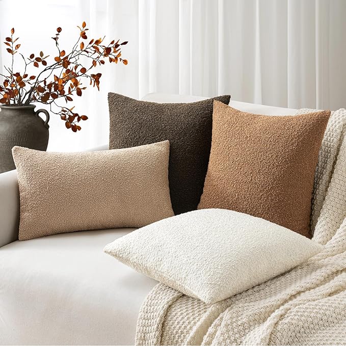 Woaboy Pack of 2 24x24 Inch Decorative Boucle Throw Pillow Covers Textured Square Pillowcaes Accent Euro Solid Cozy Soft Cushion Covers Christmas Home Decor for Bed Sofa Couch Living Room,White