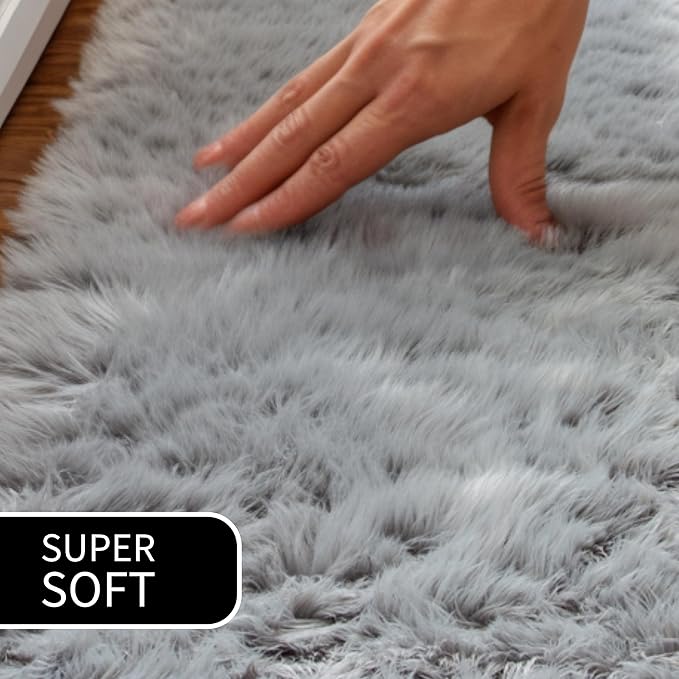 4 x 6 ft Fluffy Gray Rug – Cozy Faux Fur Rug for Bedroom, Living Room, or Nursery – Soft Faux Sheepskin Decor Accent