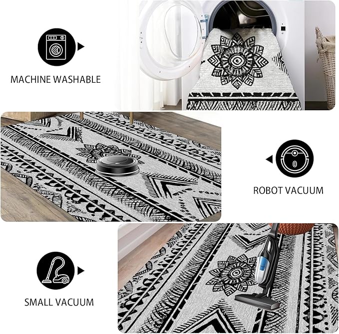 Area Rugs Moroccan for Living Room 4x6, Washable Non-Slip Boho Rug, Neutral Farmhouse Soft Carpet for Bedroom, Kitchen, Dining Room, Entryway, Geometric Print Tribal Carpets, Black and White