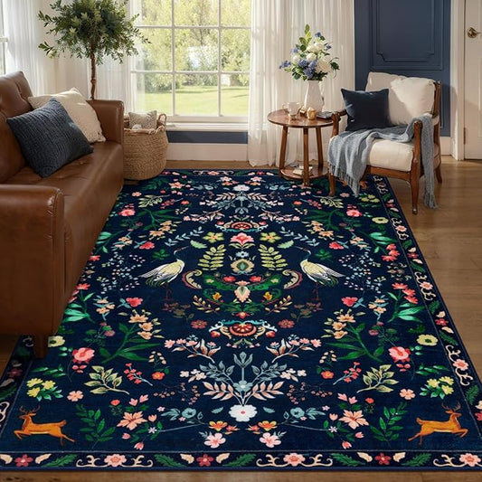 Tangsoo 5x7 Area Rug for Living Room Bedroom, Non Slip Machine Washable Boho Nature Floral Animal Rug, Low Pile Large Floor Carpet Indoor Mats for Kids Room, Farmhouse, Dining Room, Office(Blue)