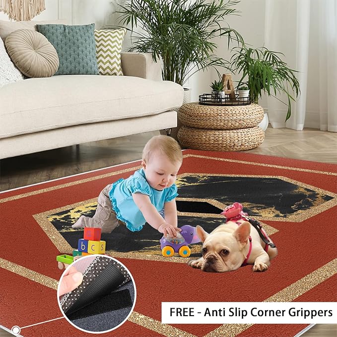 Abstract Marble Area Rugs Golden Hexagon Geometric Rug Vintage Red Marble Carpet European Medieval Geometry Carpet Mat for Bedroom Living Room 6x8ft