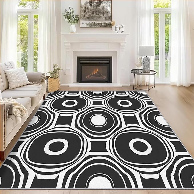 Black and White Geometric Rugs for Home Decor, 6x8 ft, Ring Circle Area Rugs for Living Room, Soft Non Slip Washable Modern Abstract Carpet Bedroom Decorations Dt-Ghf-31