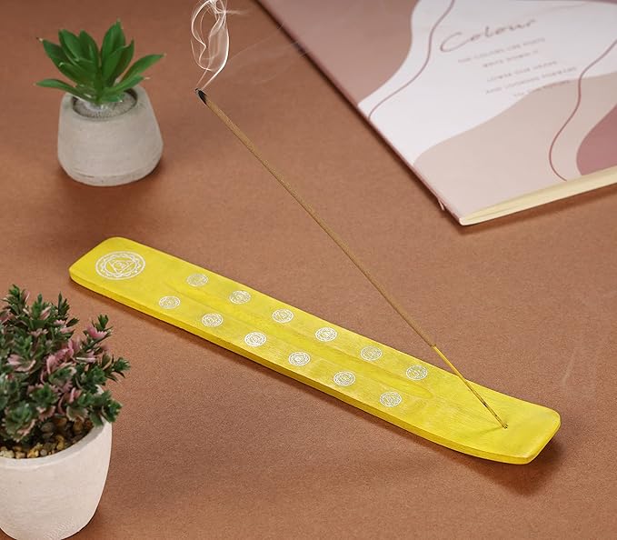 Bless-International Traditional-Handmade-Burner Wooden-Incense-Stick-Holder Ash-Catcher-Stand for-Aromatherapy-Meditation-Yoga (Positivity Yellow) 10 Inches, Pack of 2