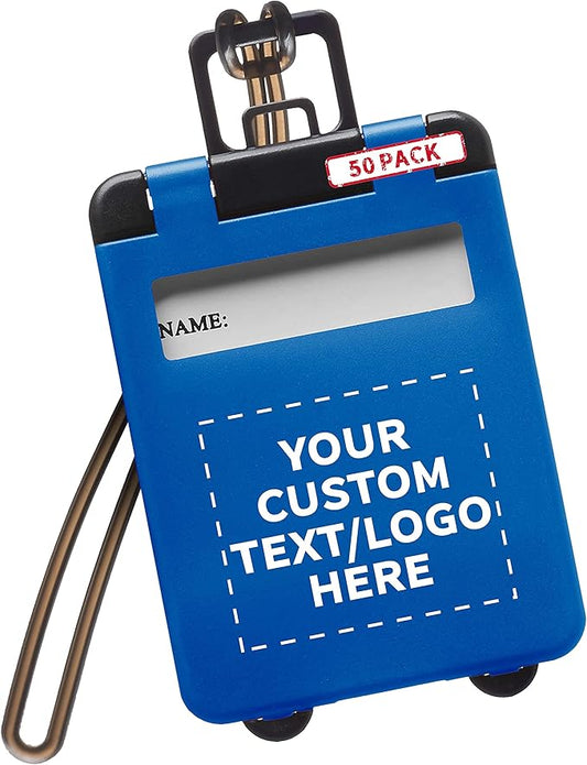 50 Mini Carry-on Luggage Tags Pack - Customizable Text, Logo - Flip Open Cover, ID Sticker - Blue