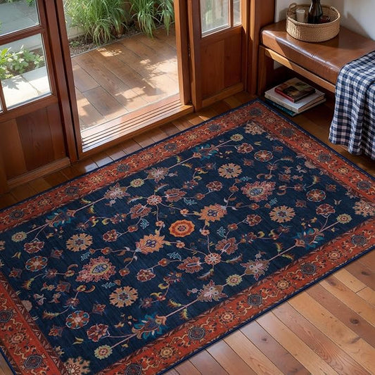 Tangsoo 2x4 Washable Rug for Entryway,Vintage Floral Entry Rug Non Slip,Indoor Front Door Small Rugs,Distressed Red Blue Print Door Mat Carpet,Soft Low Pile for Entrance Kitchen Bedroom Bathroom