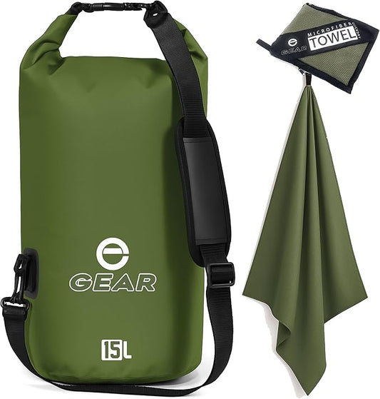 Waterproof Dry Bag 15L with Free Quick Dry Microfiber Towel – Floating Roll Top Dry Sack for Kayaking, Boating, Camping & Beach Adventures – Enthusiast Gear