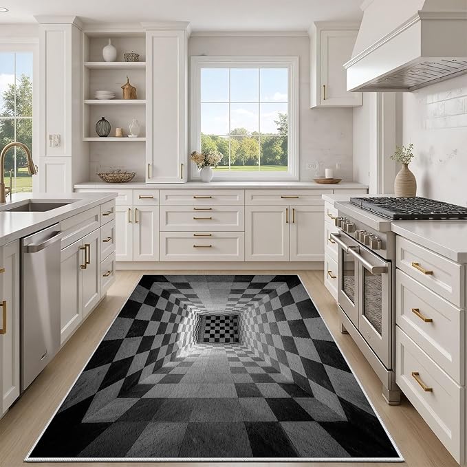 3D Rug 8x10, Plaid Soft Ultra Soft Faux Wool Low Pile Optical Illusion Rug, Indoor Floor Mats Abstract Geometric Carpet, Non-Slip Stain Resistant Washable Rugs, Modern Gray Rugs for Living Room