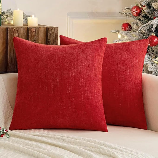 MIULEE Pack of 2 Christmas Decorative Throw Pillow Covers Soft Chenille Throw Pillows Solid Textured Euro Cushion Covers for Couch Sofa Bedroom Living Room 22x22 Inch, Red