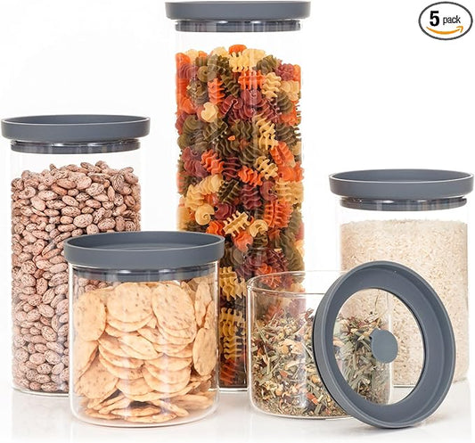 Glass Kitchen Storage Containers with Airtight Silicone Lids, BPA-Free Pantry Glass Jars with Airtight Lid for Pantry Meal Prep, Pasta and Food – Set of 5 with Portion Tool