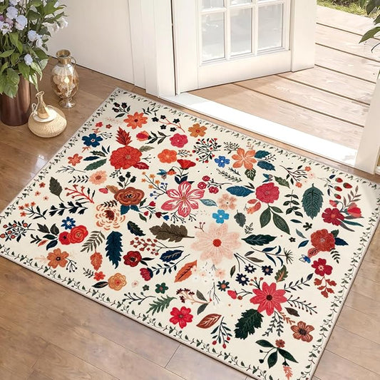 Tangsoo 2x3 Small Area Rug for Entryway, Non Slip Machine Washable Boho Floral Entry Rug, Soft Low Pile Throw Rugs Door Mat Indoor Entrance Floor Carpet for Bedroom Kitchen Bathroom, Kids Room(Beige)
