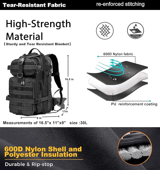 Small Tactical Backpack Military Daypack - 30L Backpack for Men Molle Assault Pack Bug Out Bag for Hiking Camping Travel Army Hunting Rucksack Trekking (Black)