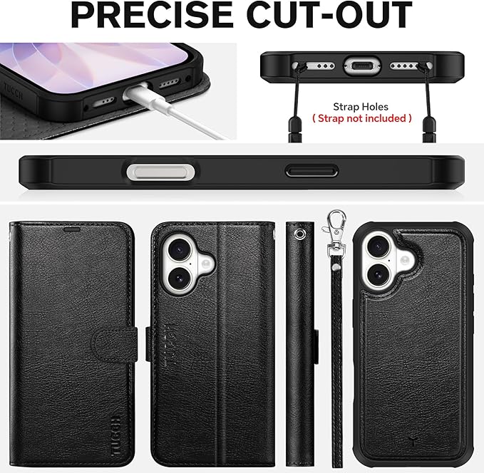 TUCCH Detachable Case Wallet for iPhone 17 (6.3") 2025, Removable Wrist Strap, Wireless Charging, Stand, 4 Card Slots RFID Blocking, 2-in-1 Magnetic, PU Leather, Shockproof Folio Cover, Textured Black