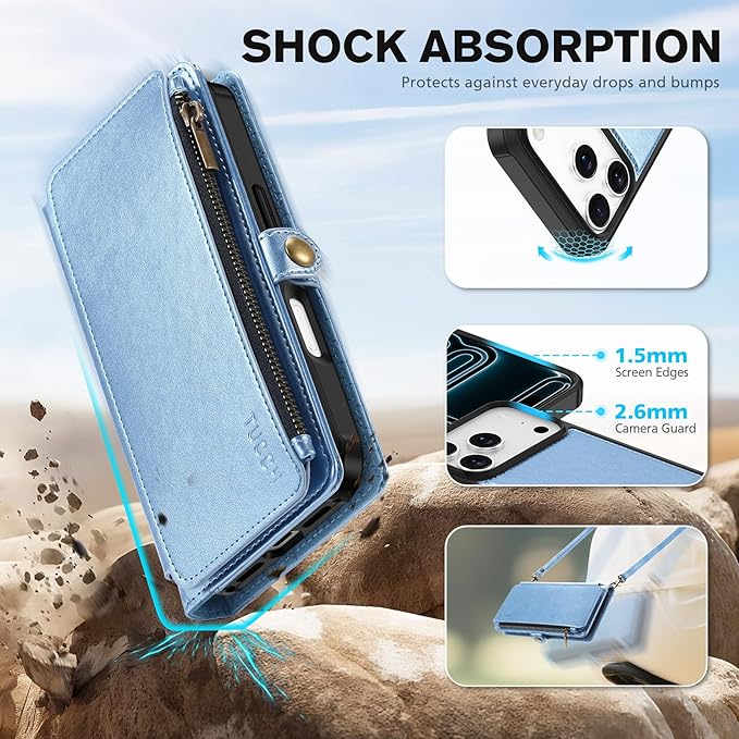 TUCCH Crossbody Detachable Wallet Case for iPhone 17 Pro 6.3" 2025, 9 Card Slots RFID Blocking | Wireless Charging | Wrist Strap Lanyard | Stand | Zipper Pocket | PU Leather Cover | Pearly Light Blue