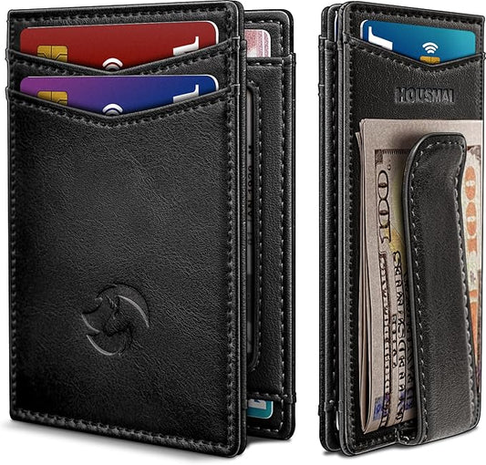 Housmai Magnetic Closure Slim Wallet for Men with Money Clip Gift Boxed,Genuine Leather Front Pocket Wallet, 3.9"x 2.7", RFID Blocking