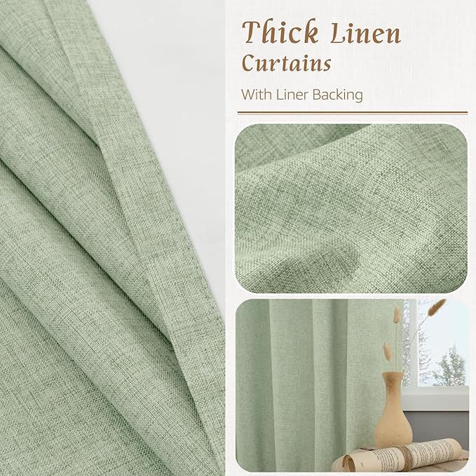 LAMIT 100% Blackout Linen Curtains 63 Inches Long, Linen Textured Living Room Farmhouse Curtains Room Darkening Back Tab and Rod Pocket Panels with White Liner, 2 Panels, Light Green, 60 x 63 Inch