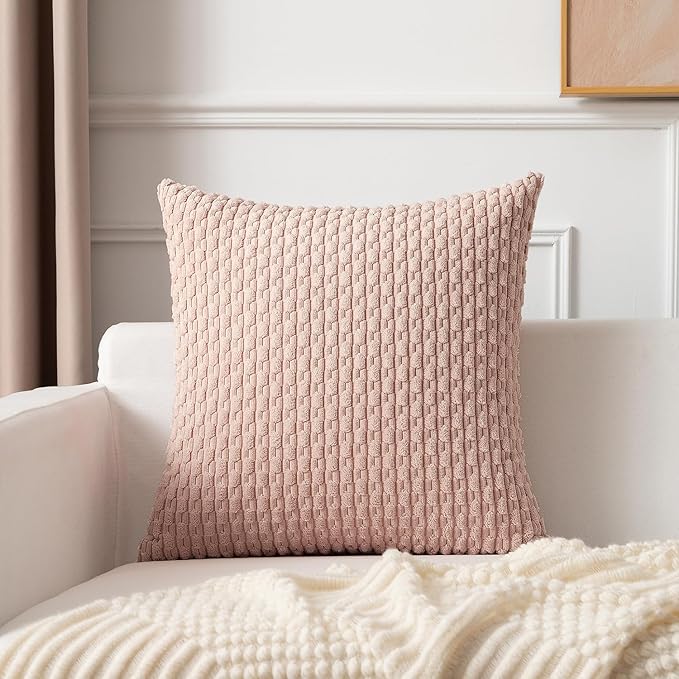Kevin Textile 24x24 Pillow Covers 2 Packs Light Pink with Stripe Pattern Super Soft Corduroy Square Solid Cushion Cover Valentines Day Gifts for Couch Sofa Bedroom Living Room 60x60 cm