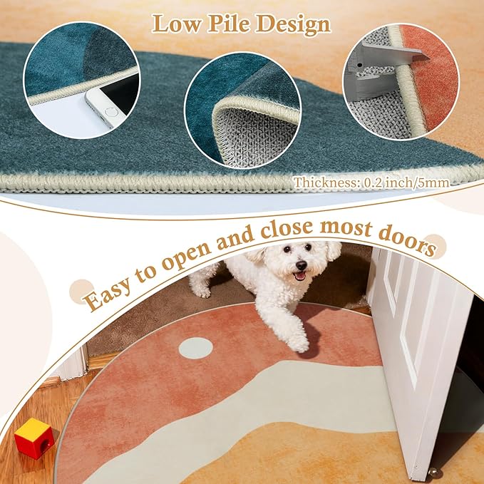 Abstract Round Rug 3ft, Faux Wool Soft Throw Area Rugs, Washable Farmhouse Small Circle Rug, Floor Low Pile Mats for Bedroom Bathroom Laundry Room Nursery Decor