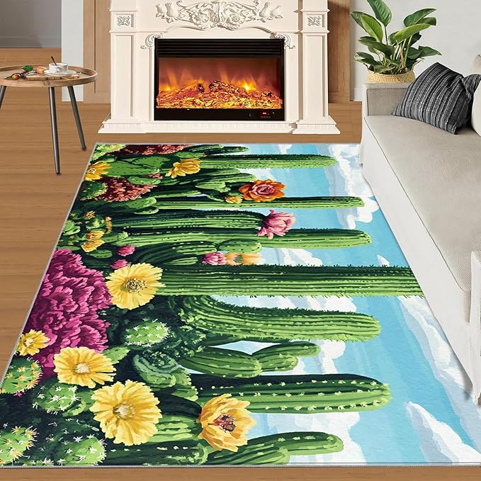 Cactus Living Room Rugs, Desert Oasis Area Rugs 5x8 Rug Succulents Non-Slip Washable Rugs Stain Resistant Rug Low-Pile Throw Rug for Bedroom Dining Room Office