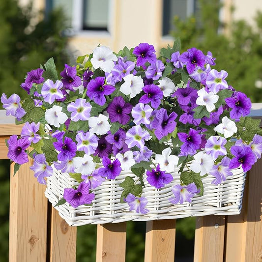 Artificial Fake Flowers for Outdoor Plants Decoration,4 Pcs Faux Petunias Flowers Plants UV Resistant Silk for Porch Yard Garden Home Indoor Decor(Purple White)