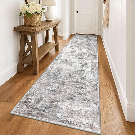 Modern Abstract 3x14 Runner Rug, Beige Grey Neutral Washable Long Kitchen Runner Non-Slip Soft Hallway Rug Runner Thin Print Faux Wool Floor Carpet for Hall Stair Entryway