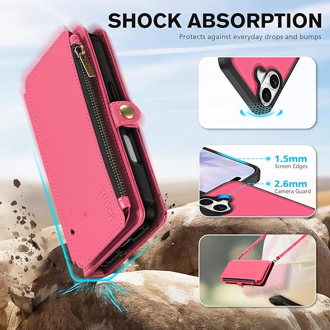 TUCCH Detachable Crossbody Case Wallet for iPhone 17 (6.3"), Wireless Charging | RFID Blocking 9 Card Holders | Lanyard | Wrist Strap | Stand | Zipper Pocket | PU Leather | Magnetic Cover | Hot Pink