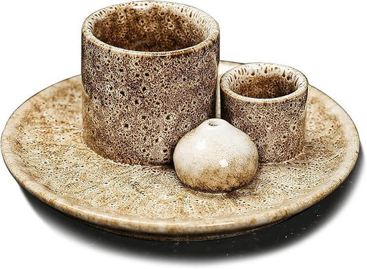 4 in 1 Multifunctional Ceramic Incense and Candle Holder with Ash Catcher Tray Suit for Burning White Sage, Palo Santo Sticks (Khaki)