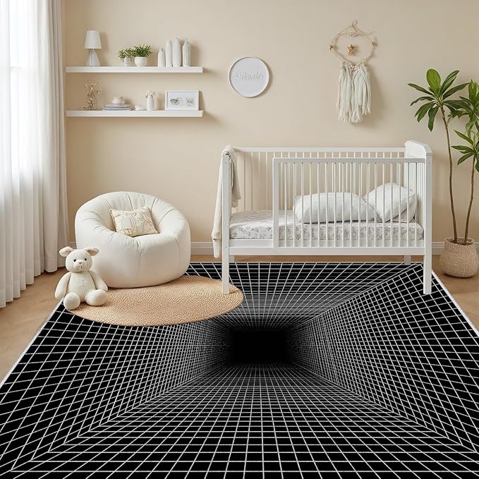 Optical Illusion Rug - Washable Rugs 3x5, Abstract Geometric Lines Soft Neutral Indoor Floor Mats Plaid Carpet, Non-Slip Stain Resistant Modern Black Rug for Bedroom, Living Room Rugs
