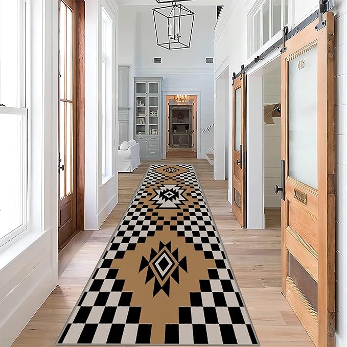Western Aztec Long Hallway Rug Runners, 2x7ft, Modern Brown Diamond Check Area Carpet for Living Room, Easy Clean Fade Resistant Durable Foldable Pet Friendly Rugs for Front Door