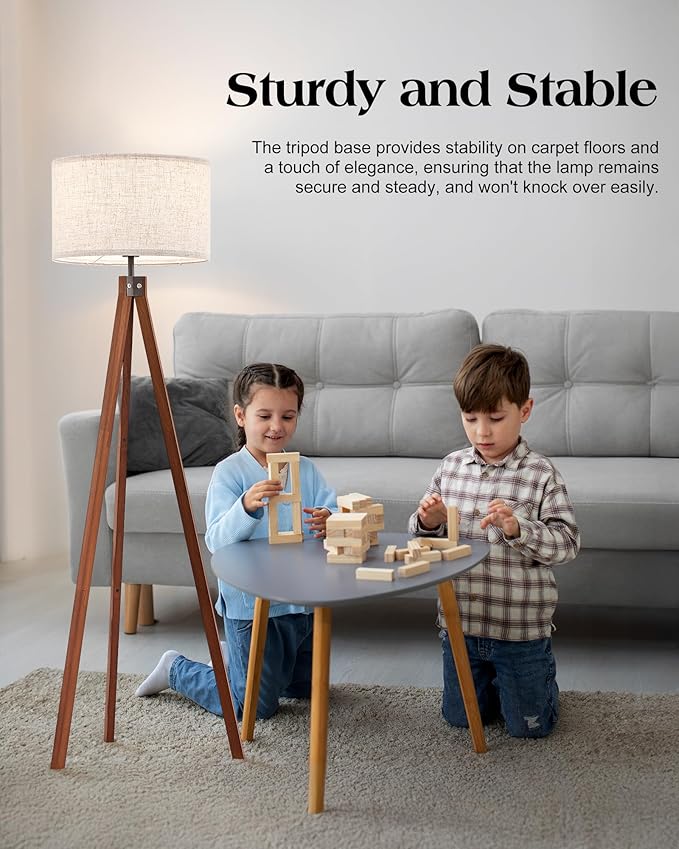 ELYONA Solid Wood Tripod Floor Lamp with 3 Color Temperatures LED Bulb, Mid Century Modern Reading Standing Light Nature Linen Shade Tall Night Light for Bedroom Living Room Office Study Room, Brown