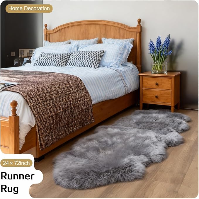 Grey Faux Fur Sheepskin Area Rug for Living Room Bedroom, 2 x 4 Feet Ultra Soft Shaggy Fuzzy Furry Carpet Chair Throw Rugs for Kids, Girls, Nursery Room Decor Dorms