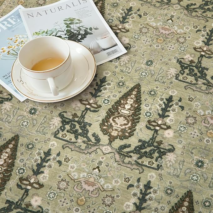 Tangsoo 2x3 Small Washable Entry Rug, Vintage Boho Green Floral Rug for Entryway Bedroom Entrance, Non Slip Soft Low Pile Door Mat Throw Carpet for Kitchen Bathroom Foyer Decor