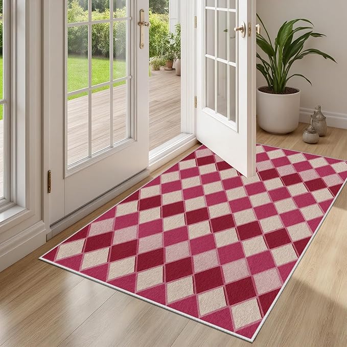 Plaid Rug, Soft Ultra Soft Faux Wool Rhombus Geometric Rugs, Indoor Floor Mats Carpet, Non Slip&Non-Shedding Low Pile Washable Rugs, Modern Red 8x10 Area Rug for Bedroom Home Decor