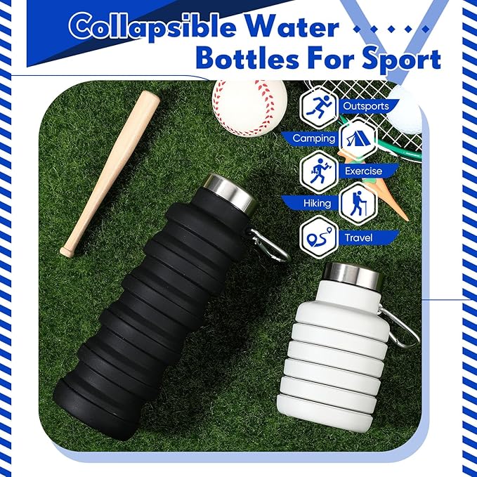 Baderke 2 Pcs Collapsible Water Bottles 17oz Silicone Travel Foldable Portable Water Bottle with Buckle Silicone Lightweight Reusable Leakproof for Camping Hiking Cycling Sport(Black, Gray White)