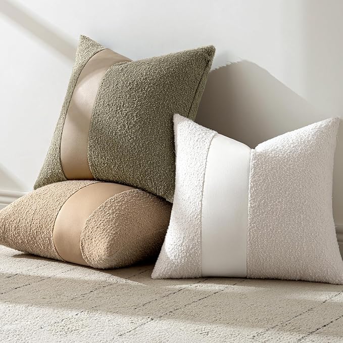 MIULEE Boucle Throw Pillow Covers 20x20 Inch Set of 2 White Faux Leather Textured Decorative Pillow Cases Boho Farmhouse Accents Cushion Covers for Couch Bed Livingroom Home Decor