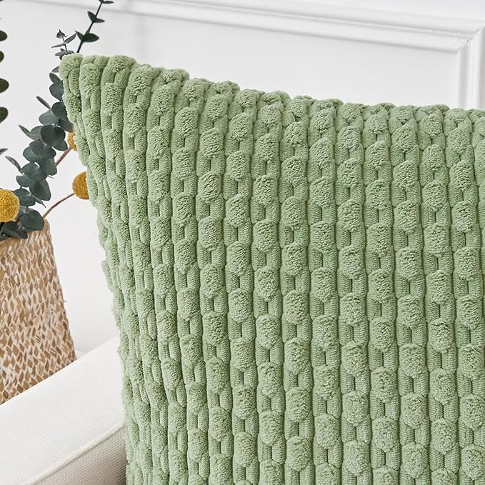 Kevin Textile 2 Packs Spring Sage Green Euro Farmhouse Decorative Throw Pillow Covers 26x26 Inch for Living Room Couch Bed Sofa Rustic Boho Home Decor Soft Striped Corduroy Square Cushion Case