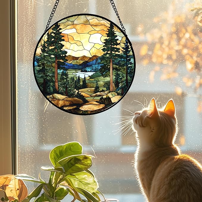 Stained Glass Window Hanging Forest Lake Mountain Sunset Large 11.8" - Suncatcher Door Garden Sunroom Sun Catcher Home Decor Birthday Christmas for Mom Men Woman Nana Friend