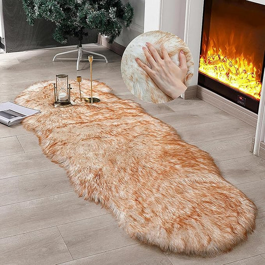 Faux Fur Rug Sheepskin Shag Fluffy Fuzzy 2x6 ft Runner Rugs for Bedroom Bedside Bed Floor Living Room Plush High-Density Cushion Carpet Super Sofa Cover White and Yellow