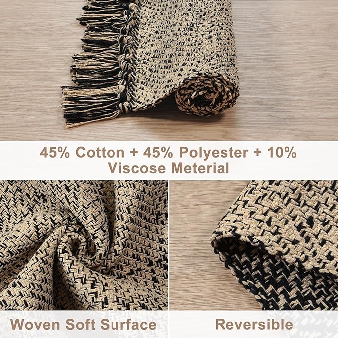 Collive Kitchen Runner Rug, 2x4.3 Hand-Woven Reversible Washable Bathroom Runner Rug for Entryway, Natural/Black Cotton Woven Boho Farmhouse Front Door Rug for Bedroom Entry Kitchen Floor Door Decor