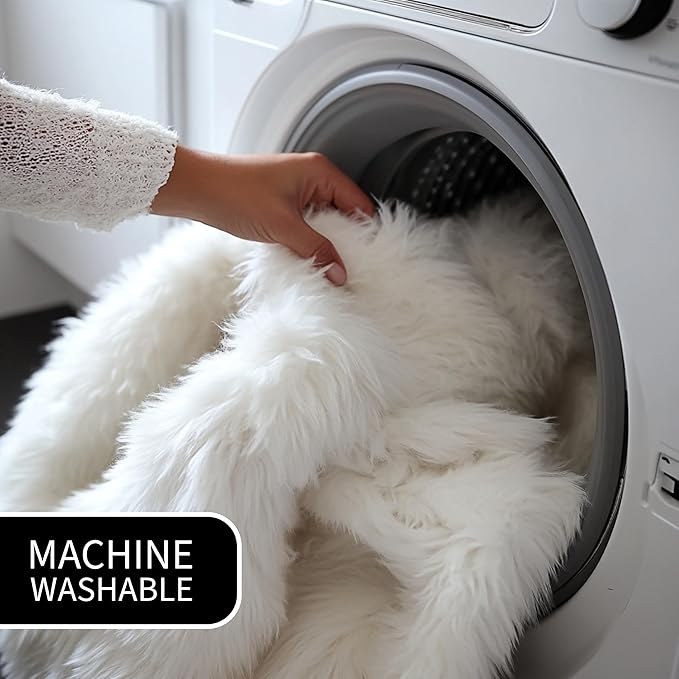 Super Area Rugs 5X7 White Shaggy Rug for Bedroom - Faux Fur Fluffy Carpet - Bright White Color for Living Room - Machine Washable Easy Care & Soft Feel