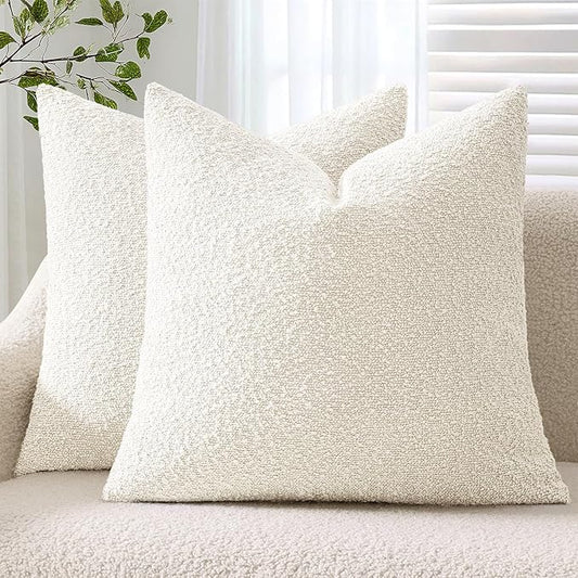 ANRODUO Pack of 2 Textured Boucle Throw Pillow Covers Soft White Decorative Accent Solid Pillow Cases Cozy Modern Couch Cushion Case for Chair Sofa Bedroom Living Room Spring Home Decor, 20 x 20 Inch